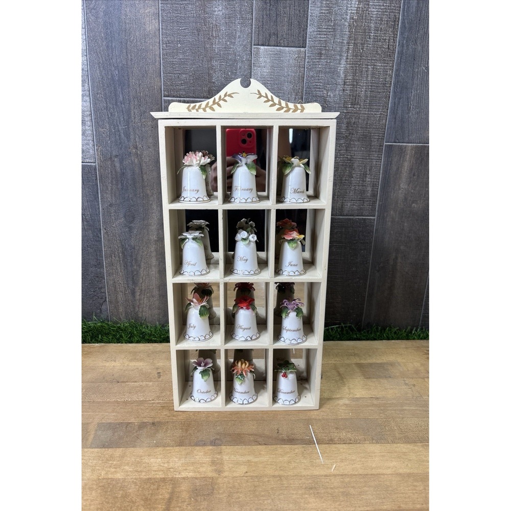 Vintage 12 Month Flower Porcelain Thimble Set Wood Shadow Box Display